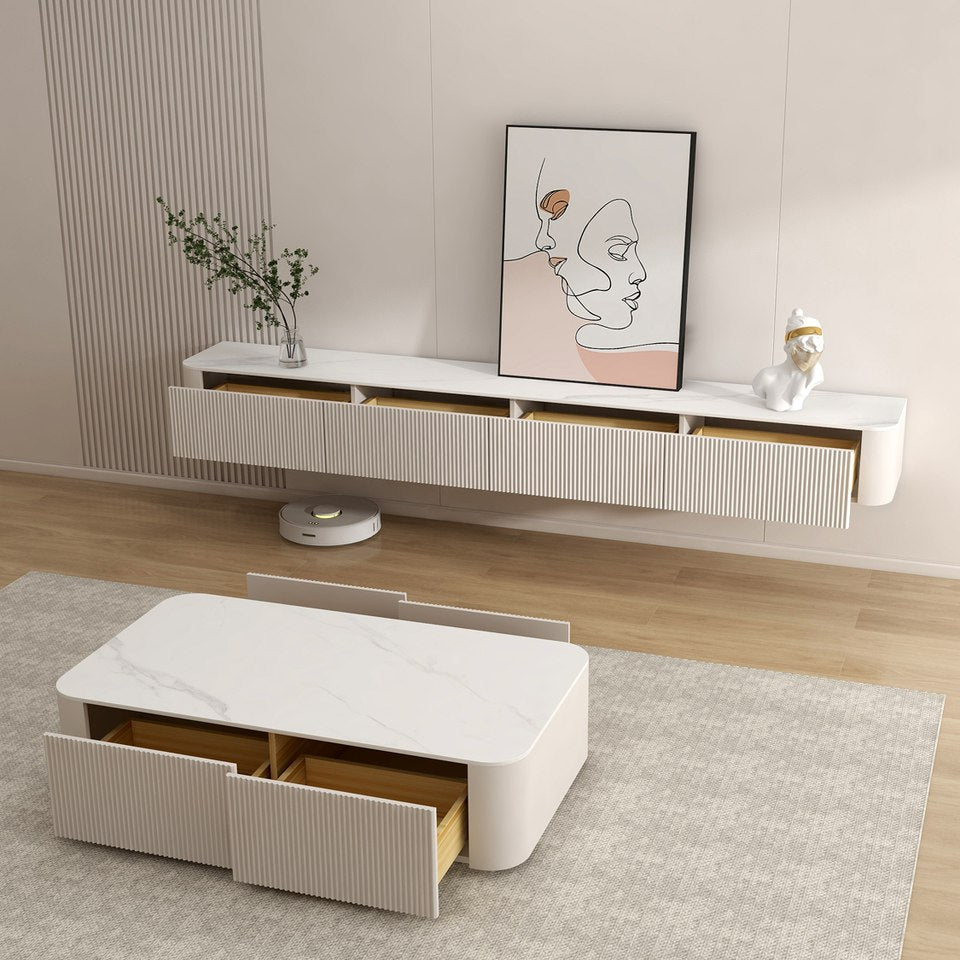 Tischset mit schwimmendem TV-Ger&auml;t aus Holz
